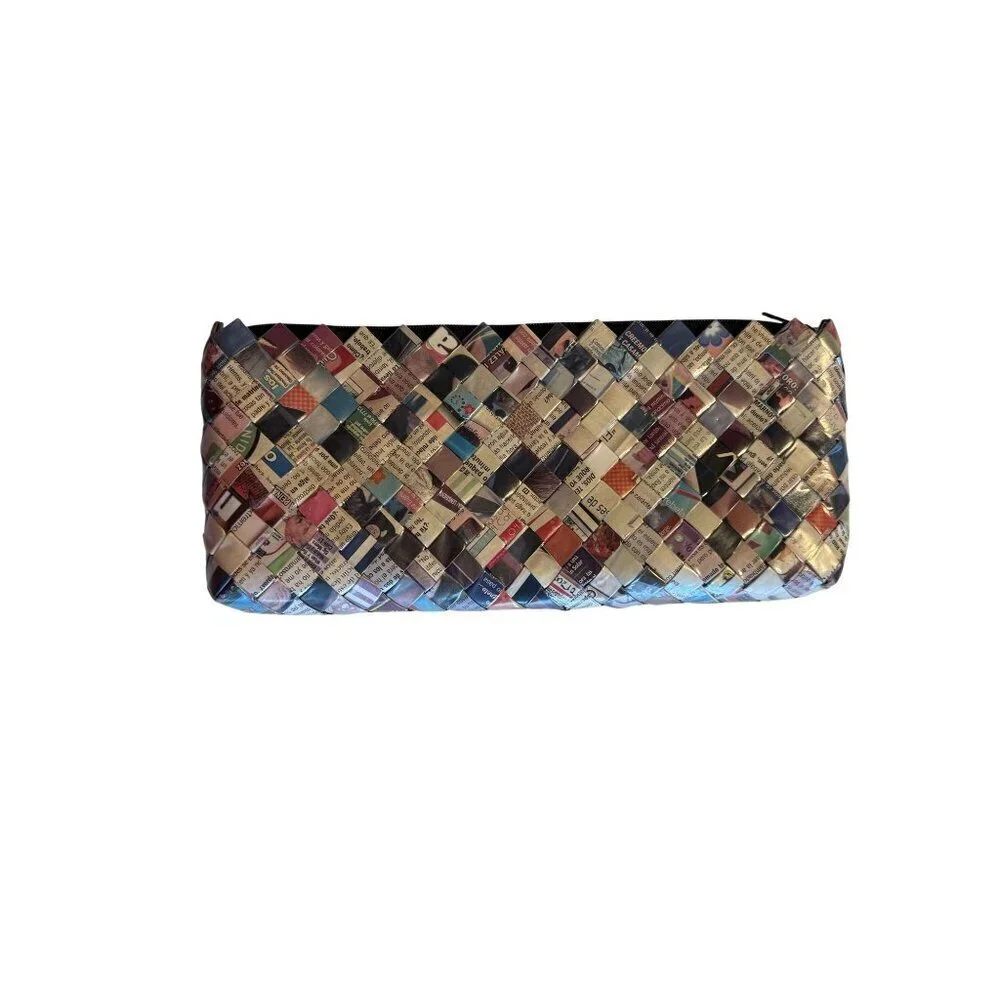 Handwoven Recycled Magazine Newspaper Clutch Bag With Zipper Closure